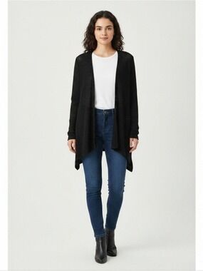 Black Cardigan Sweater Box Weave Ruched Sleeves